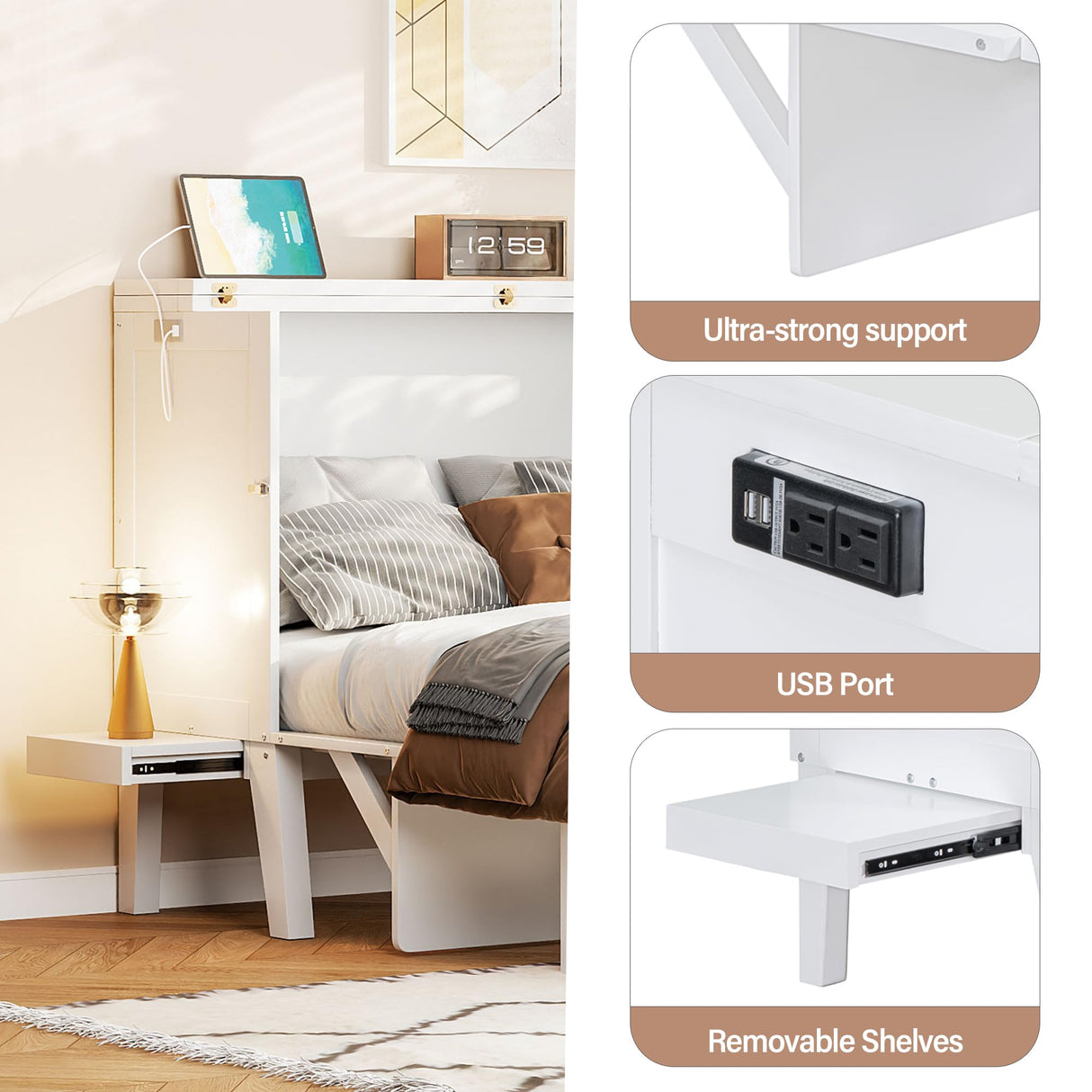 Merax Full Size Murphy Bed, Bed with USB Port and Removable Shelves on Each Side,White Merax