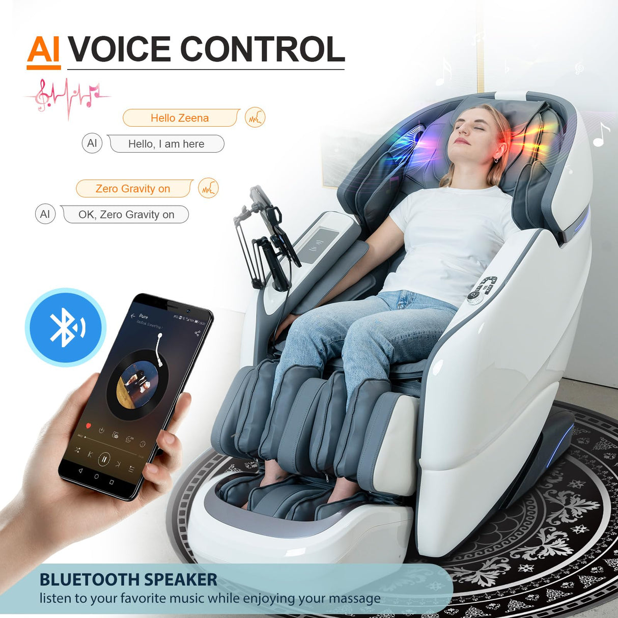 KTENTITO Massage Chair Full Body, 2025 Zero Gravity SL-Track Shiatsu Massage Chairs Recliner with AI Voice, LED Backlight Remote Control, Waist & Calf Heating Phone Controller and Holder G6 White Grey KTENTITO