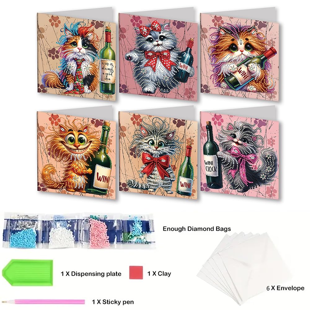 Ceitura 6Pcs Catoon Cat with Wine DIY Diamond Art Painting Crafts Rhinestone Painting Making Greeting Card Making Kit Postcard for Holiday Christmas New Year Party Favors 11.81 * 5.91 inch C'eitura