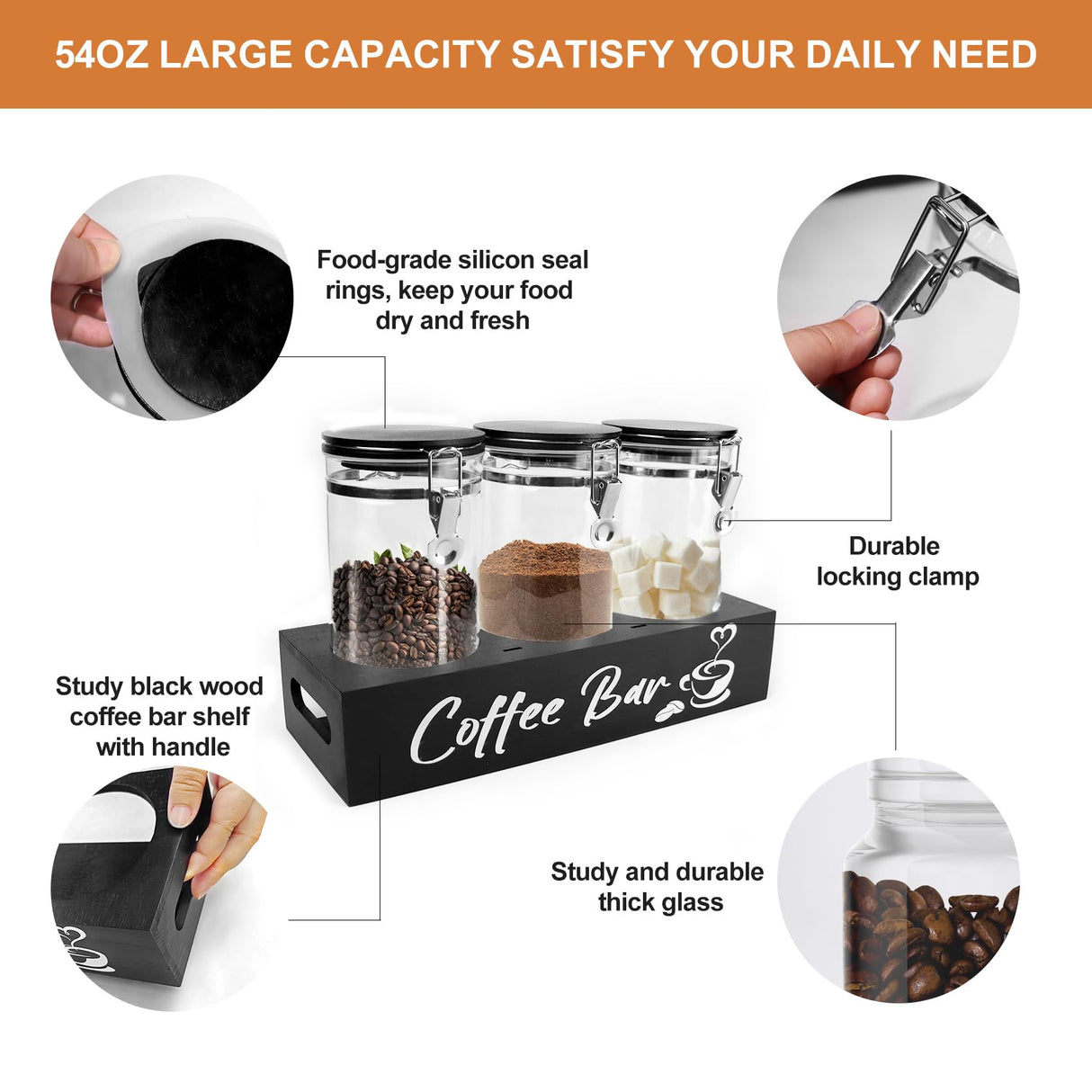 MACIFECI Glass Coffee Containers with Shelf Coffee Station Organizer 54oz Black Glass Coffee Bean Storage Canister with Spoon Coffee Canister Set Kitchen Food Storage Jars for Coffee, Sugar, Candy MACIFECI