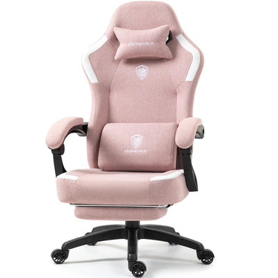Dowinx Fabric Gaming Chair with Pocket Spring Cushion,Breathable Computer Chair with Massage Lumbar Support and Footrest,High Back Game Office Chair for Adult,Pink