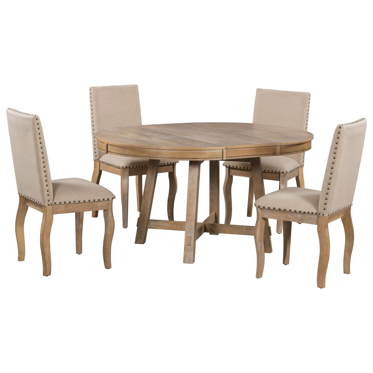 Merax 5-Piece Farmhouse Dining Furniture Set, Wooden Round Extendable Table, and 4 Upholstered Chairs, Natural Wood Wash Merax