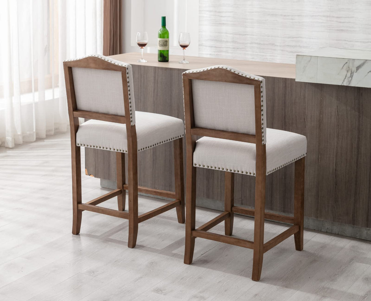 CIMOTA Counter Height Bar Stools Set of 2 Farmhouse Bar Chairs Mid Century Counter Stools Barstools with Back Kitchen Stools with Wood Legs for Island/Pub/Dining Room, Linen Beige, 26 Inch CIMOTA