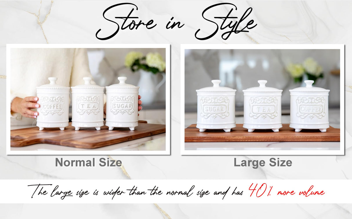 Large 35 Ounce Elegant Ceramic Kitchen Canisters Set of 3 - Beautifully Engraved Coffee Tea Sugar Storage Containers Airtight with Feet for Added Style and Stability - Ceramic Jar with Airtight Lid 25DOL