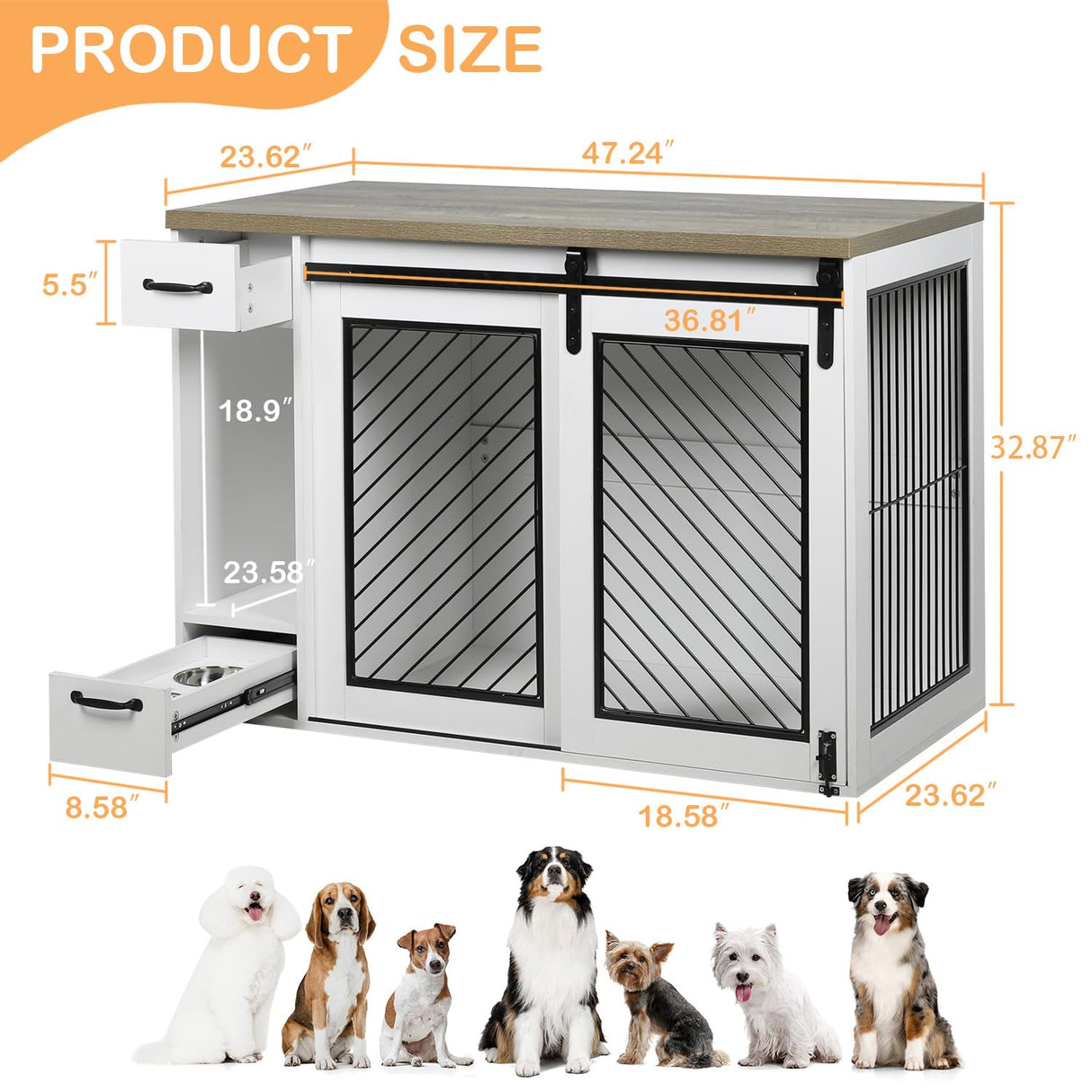 Large Dog Crate, Dog Crates for Medium Dogs, 47.2" Dog Kennel Indoor with Drawers, Feeder Bowls and Storage, 2 Sliding Doors, Heavy Duty Dog Crate Farmhouse Modern Side End Table for Small Medium Dogs okcomuy