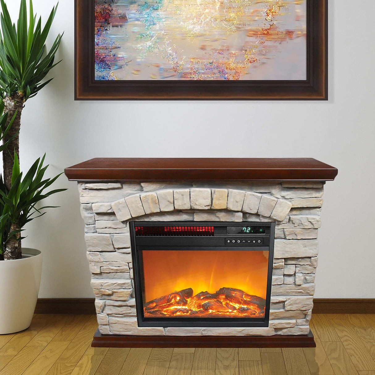 Lifesmart Large Square Infrared Faux Stone Fireplace, Fake Fireplace Heater with Mantel and Adjustable Settings for Living Room, Bedroom LifeSmart