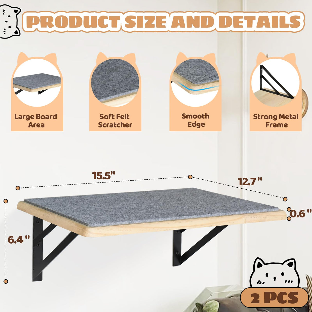 Cat Wall Shelves Set of 2, Wood Cat Shelves for Wall, Cat Wall Bed Hammock with Scratching Pad, Cat Climbing Shelf for Sleeping Playing, Cat Window Perch for Big Cats, Burlywood Cat Furniture Indoor GADKE