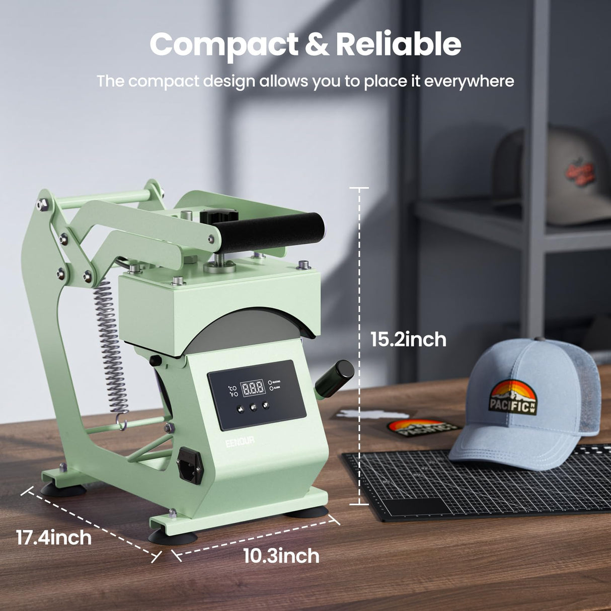 Hat Press Heat Machine for Caps with 2 Platens, Precise Temp&Timer Control, Hat Heat Press with Timer Auto Starter, Sublimation Hat Press for Trucker Hat & Iron on Vinyl, Heat Transfer (Light Green) EENOUR