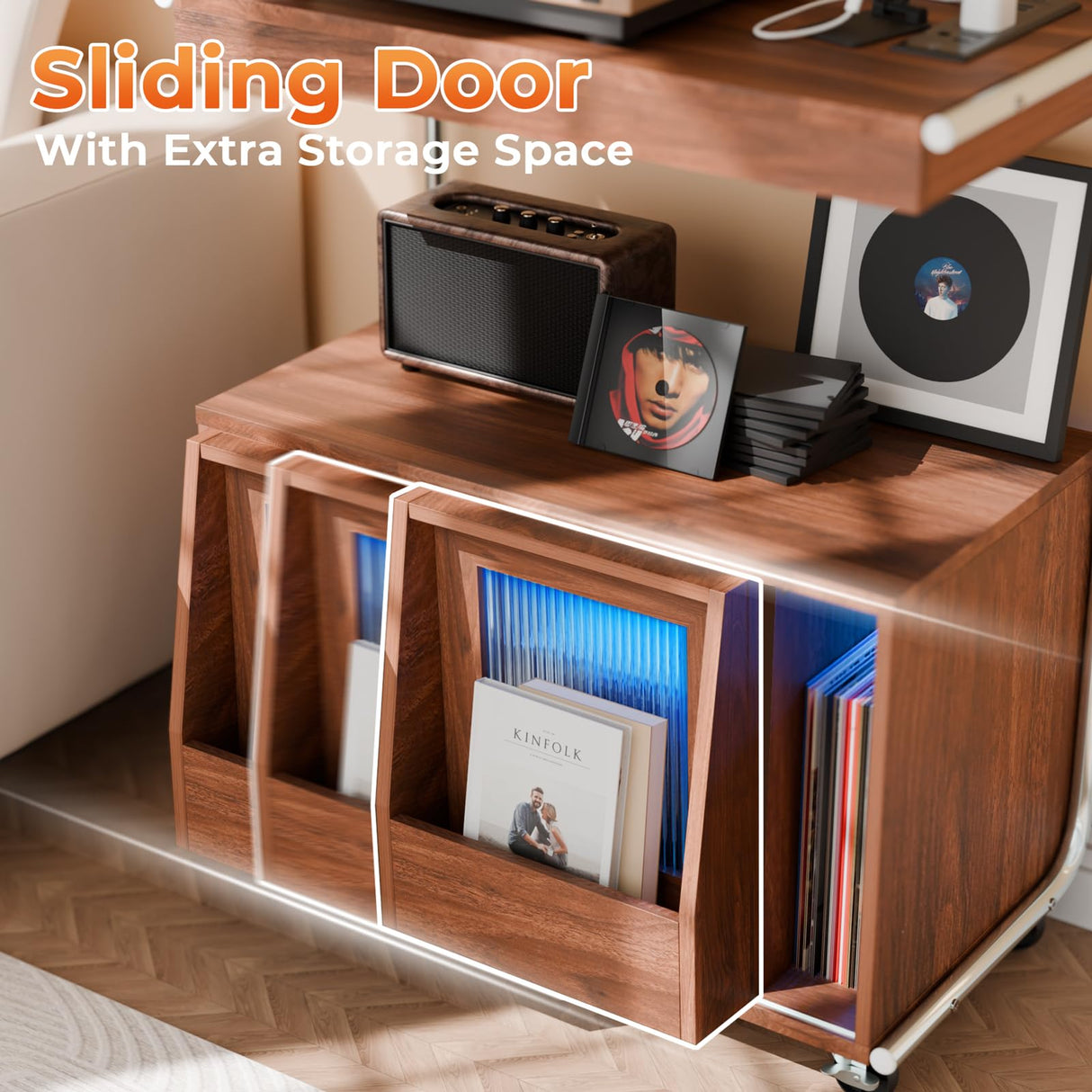 Large Record Player Stand with Sliding Door and Wheels,200 Vinyl Record Storage Cabinet, Record Player Table with Power Outlet & LED Light,Turntable Stand with Wood Legs for Living Room,Bedroom,Office MULEJYBO