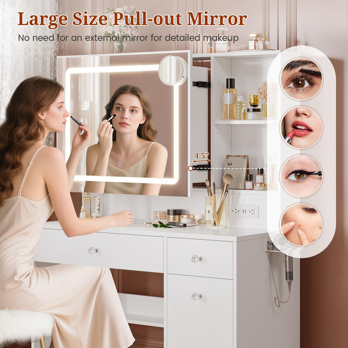 UPOSOJA Vanity Desk with Mirror and Lights,Power Outlet,3 Drawers,Pull-Out LED Mirror with 3 Light Modes,Brightness Adjustable,Rolling Makeup cart,Crystal Handles, hairdryer Rack,White UPOSOJA