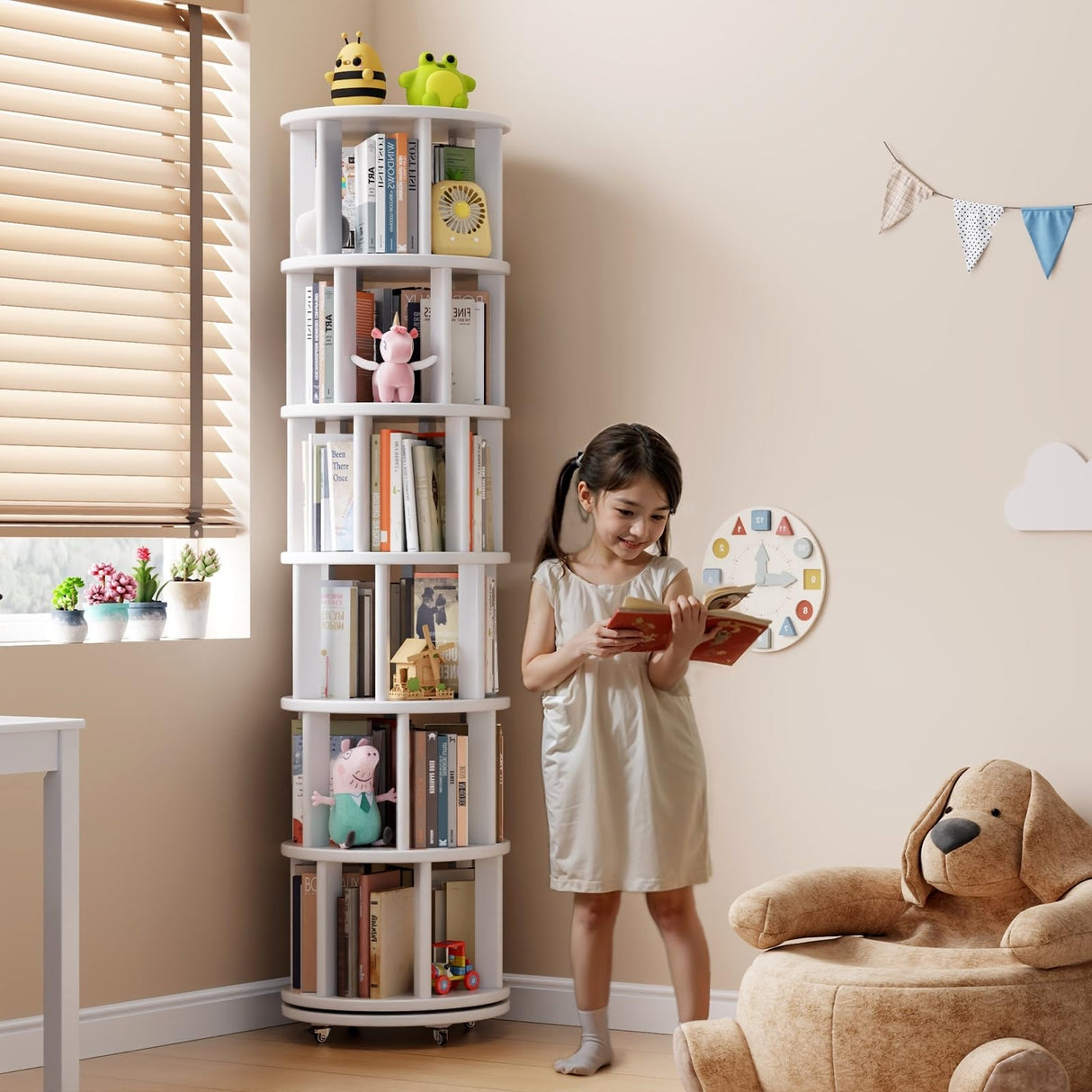 Muwuele Solid Wood Rotating Bookshelf on Wheels, 6 Tier, Round Revolving Bookcase, 360° Spinning Book Shelf Tower for Kids, Narrow Rolling Bookshelves for Small Space, Corner, Bedroom, Office, White Muwuele