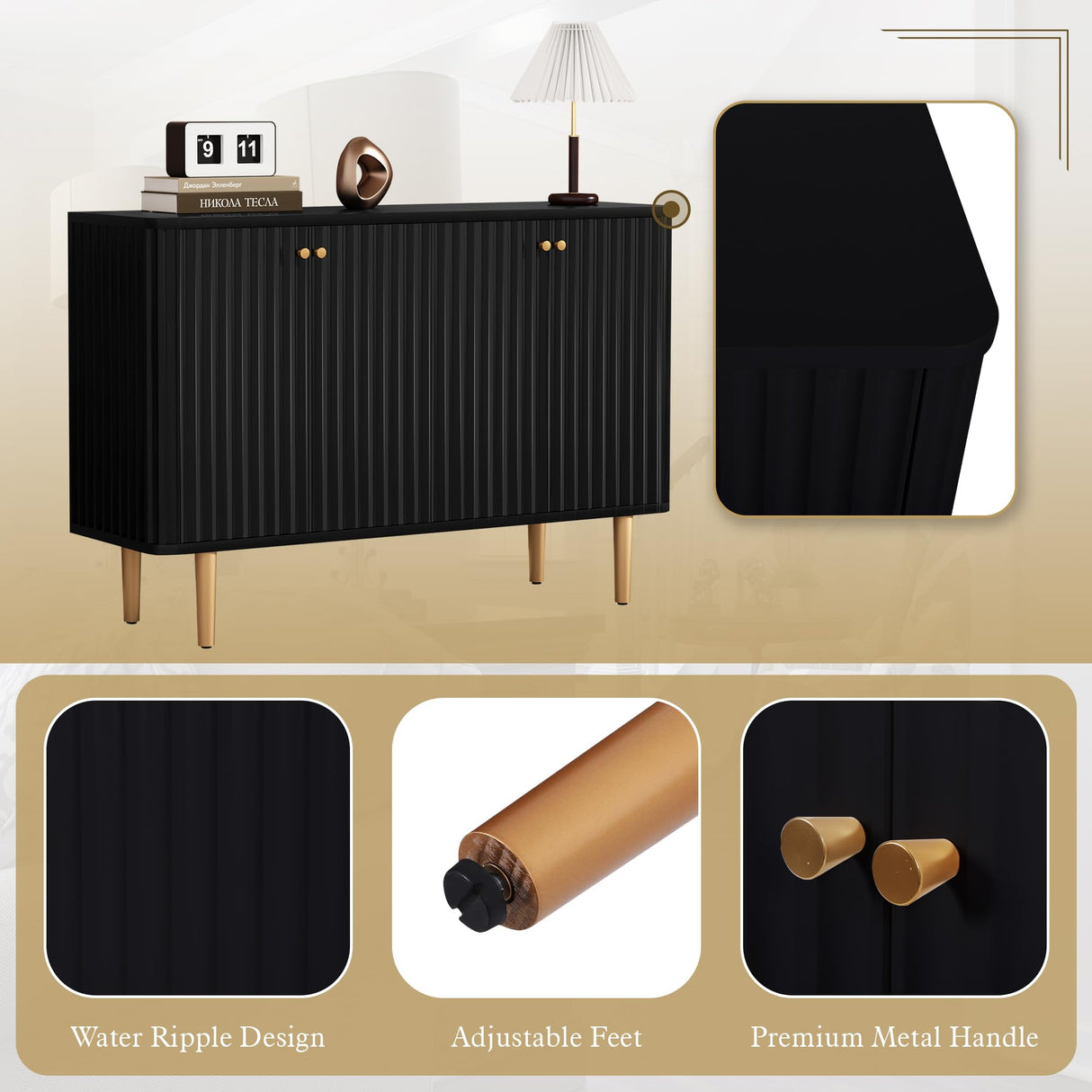 HLR Sideboard Buffet Cabinet, 48" Modern Accent Cabinet with 4 Door and Removable Shelves, Credenza Entryway Cabinet with Storage for Living Room, Dinning Room (Black) HLR