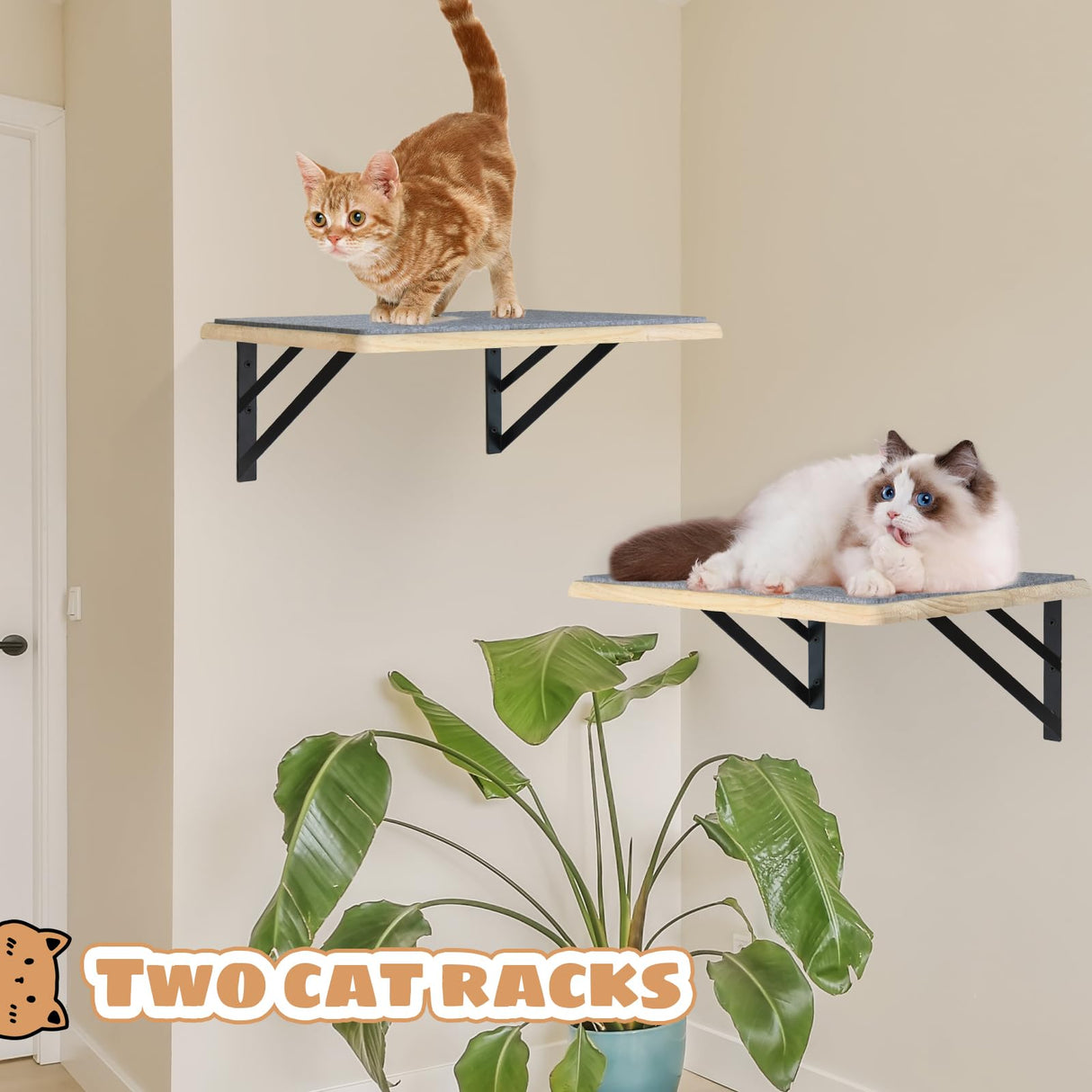 Cat Wall Shelves Set of 2, Wood Cat Shelves for Wall, Cat Wall Bed Hammock with Scratching Pad, Cat Climbing Shelf for Sleeping Playing, Cat Window Perch for Big Cats, Burlywood Cat Furniture Indoor GADKE