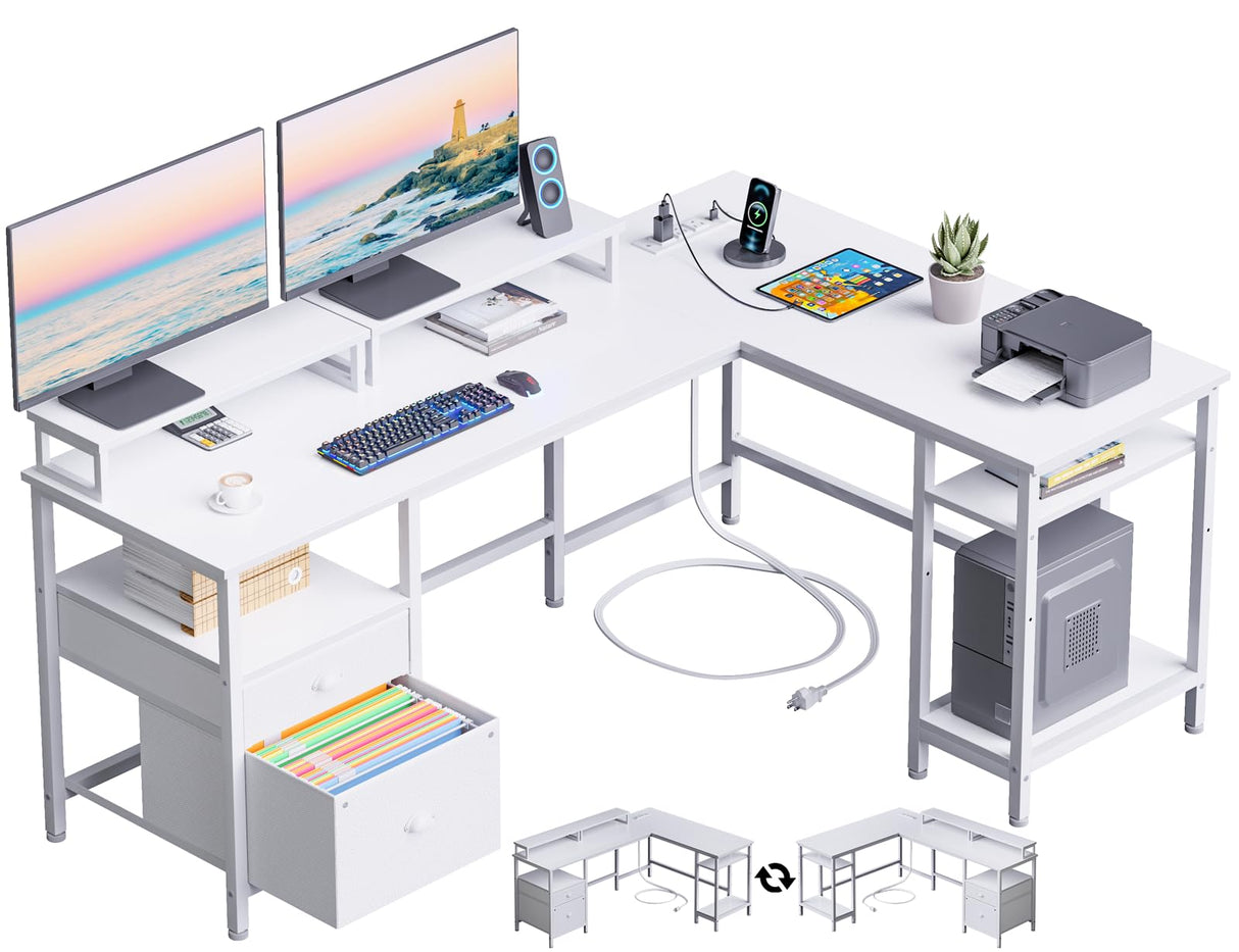 Furologee White 59” L Shaped Desk with Power Outlet, Reversible Computer Desk with File Drawer & 2 Monitor Stands, Corner Home Office Desk with Storage Shelves for Gaming Writing Furologee