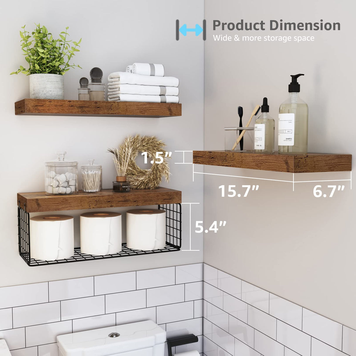 QEEIG Bathroom Shelves Over Toilet Wall Mounted Floating Shelves Farmhouse Shelf Toilet Paper Holder Small 16 inch Set of 3, Rustic Brown (019-BN3) QEEIG