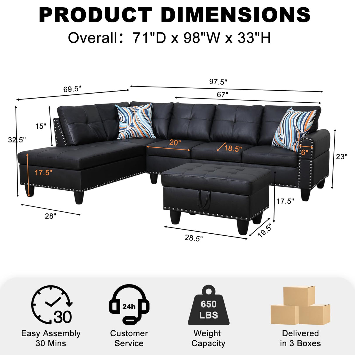 Wakefit Sectional Sofa Couch, Modern 4-Seaters Living Room Furniture Sets with Chaise Lounge, Ottoman & 2 Pillows | L Shape Couch | Cup Holder | Faux PU Leather, Black Wakefit