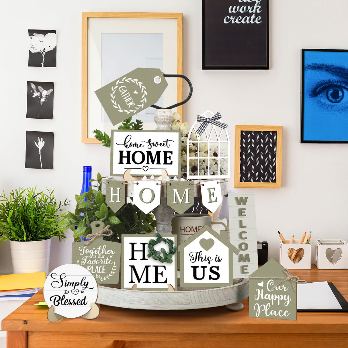 Purpeak 13 Farmhouse Tiered Tray Decor Set Sweet Home Tiered Tray Decorations Home Rustic Wooden Signs Decorative Farmhouse Kitchen Table Decor for Dining Room Country Summer Shelf Centerpiece Gift Purpeak