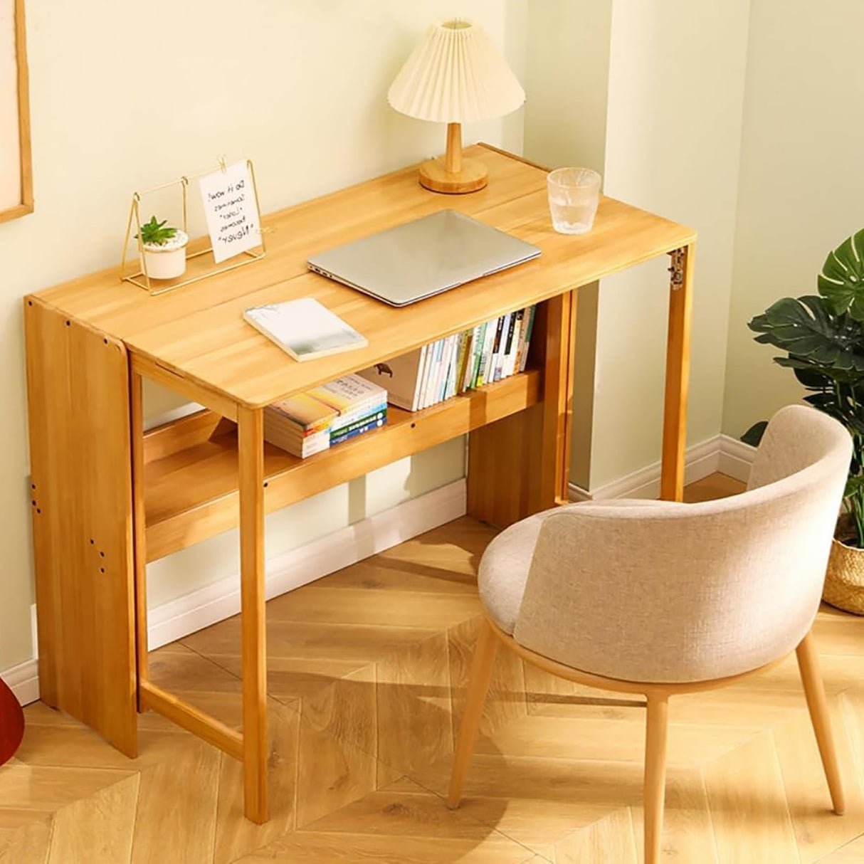 SUZEPER Solid Wood Folding Desk,Mid Century Modern Desk,Foldable Writing Computer Desk for Home Office,Study Desk with Storage Shelf for Small Spaces(103cm/40.5", Natural) SUZEPER