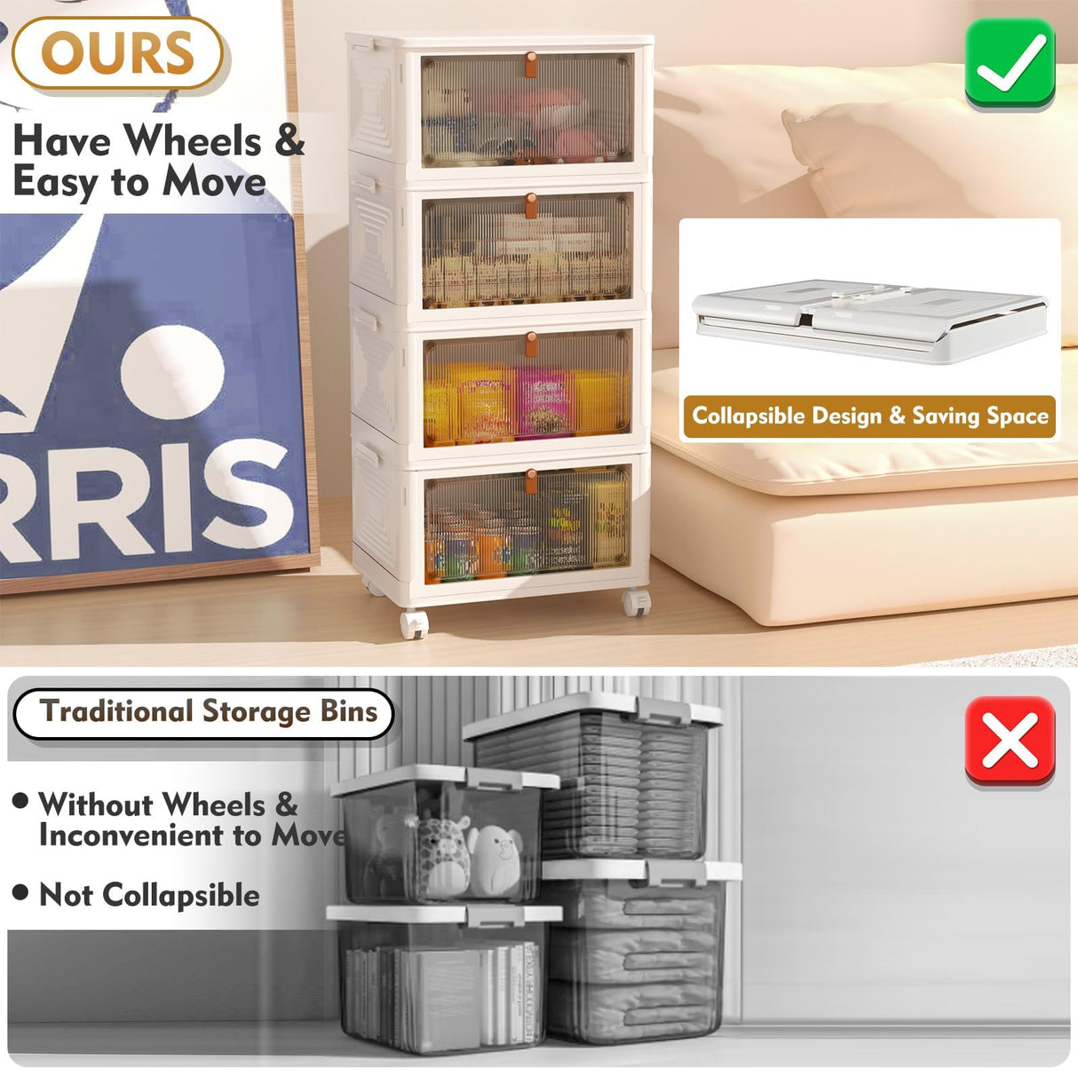 4 Tier Plastic Storage Bins with Lid 23QT, Stackable Storage Containers with Wheels, Folding Storage Boxes, Collapsible Storage Bins, Closet Organizers and Storage for Living Room,Office,Dorm YFXCVSL