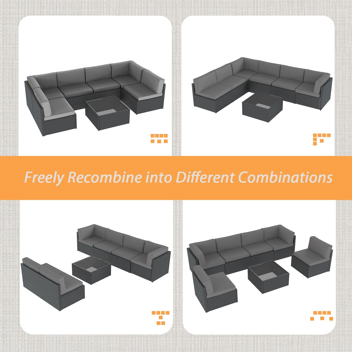 AECOJOY 7 Piece Outdoor Patio Furniture Set, Outdoor Sectional Conversation Furniture Chair with Coffee Table,Patio Sectional for Garden,Backyard(Grey Cushions and Black PE Rattan) AECOJOY