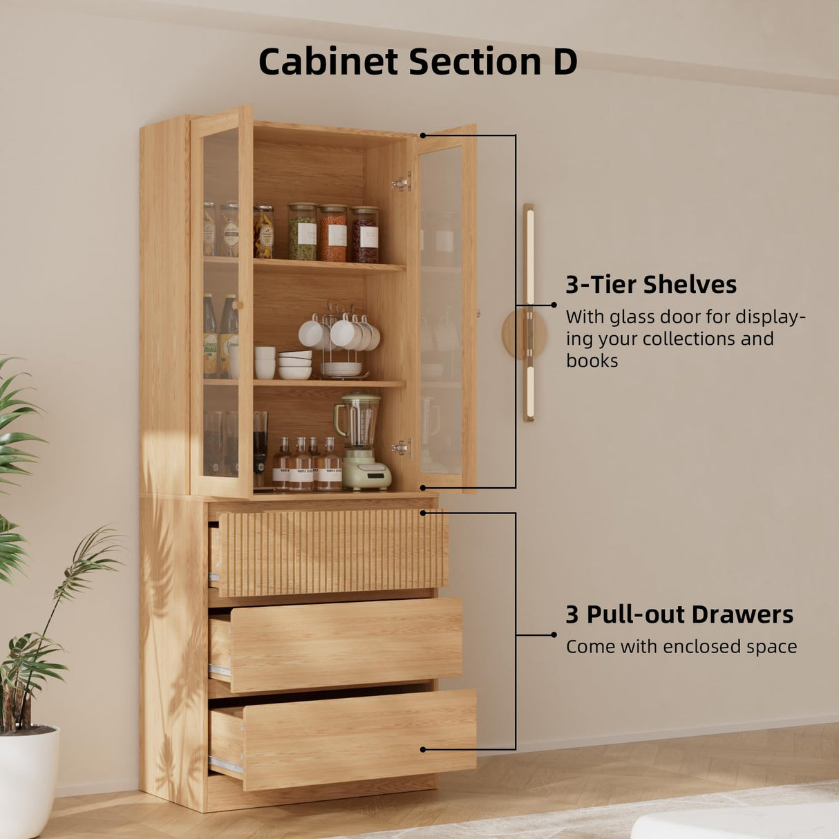 TUSY 4-Piece Large TV Stand with Bookshelves for TVs up to 75", TV Hutch with Tempered Glass Doors and Shelves, TV Entertainment Center Media Center with 2 Tall Cabinets for Living Room (D+2G+D) TUSY