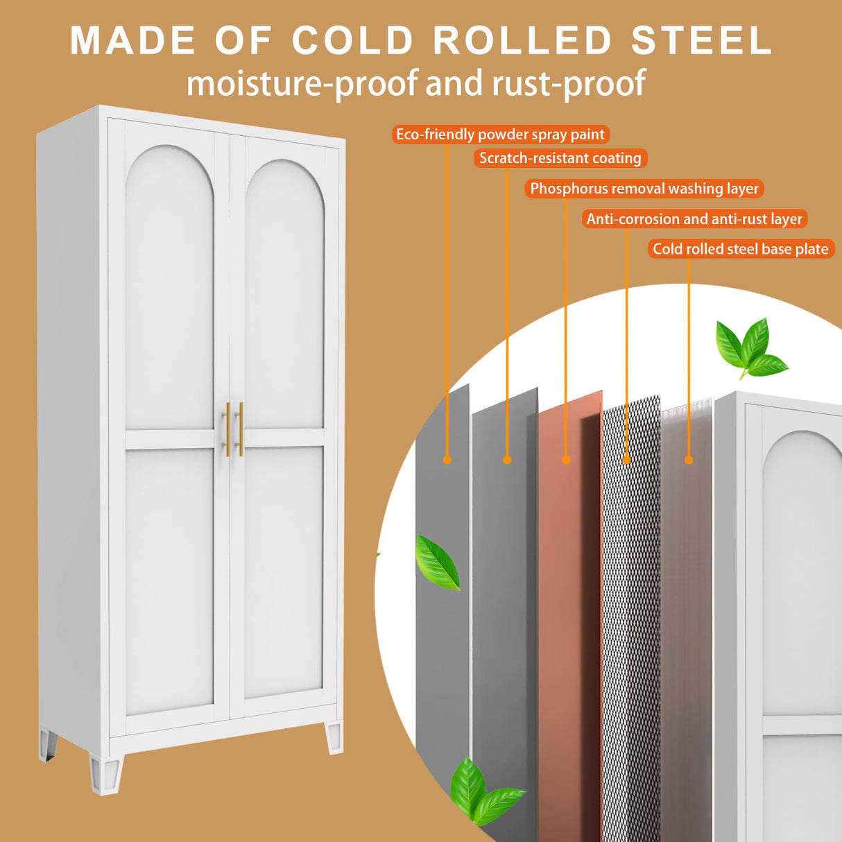 Nobilsteel 71''Metal Kitchen Storage Cabinet with 2 Doors and 4 Adjustable Shelves, 5-Tier Tall White Food Metal Pantry Storage Cabinet for Kitchen, Dining/Living Room Nobilsteel