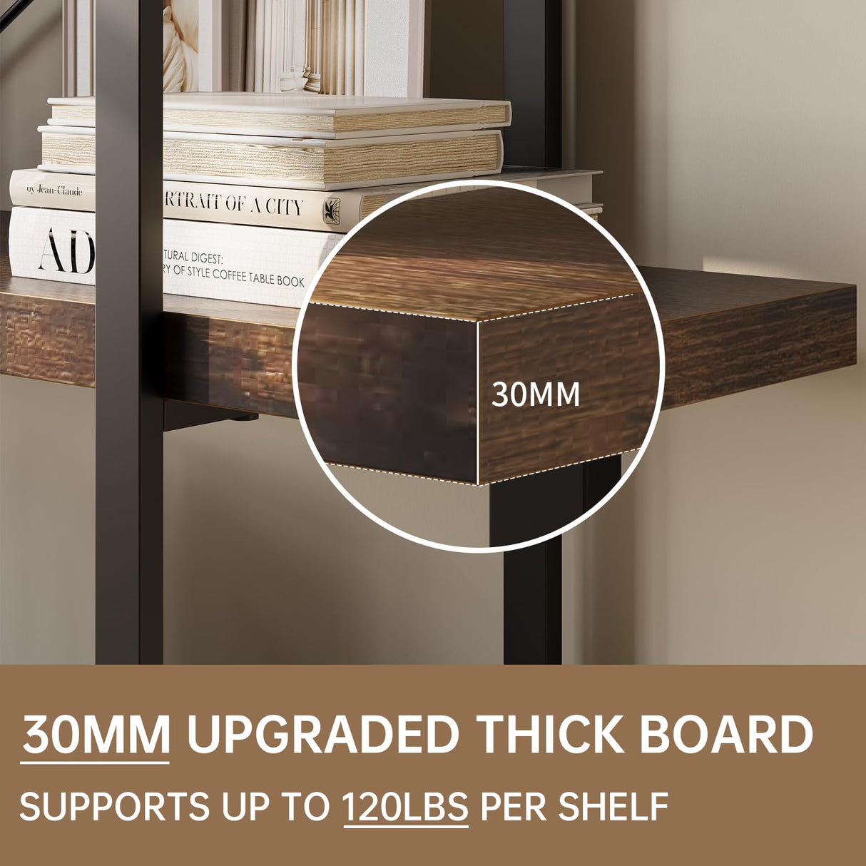 OtterOasis Heavy Duty 5-Tier Industrial Bookcase, 47" Wide Wood Bookshelf for Home Office, 120lbs Shelf Capacity, Rustic Open Shelving Display with Reinforced Horizontal Shelf for Living Room Bedroom OtterOasis