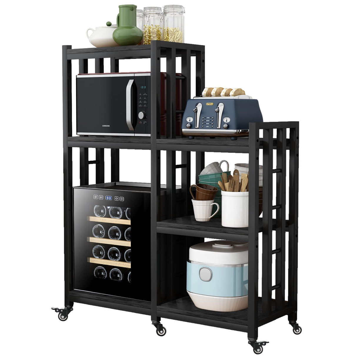 6-Tier Kitchen Bakers Rack, Multifunctional Storage Shelf, Mini Fridge & Microwave Oven Stand Table, Coffee Bar, Adjustable Kitchen Shelves Freestadning (Charcoal Black Wood Grain Print with wheels) YCHF