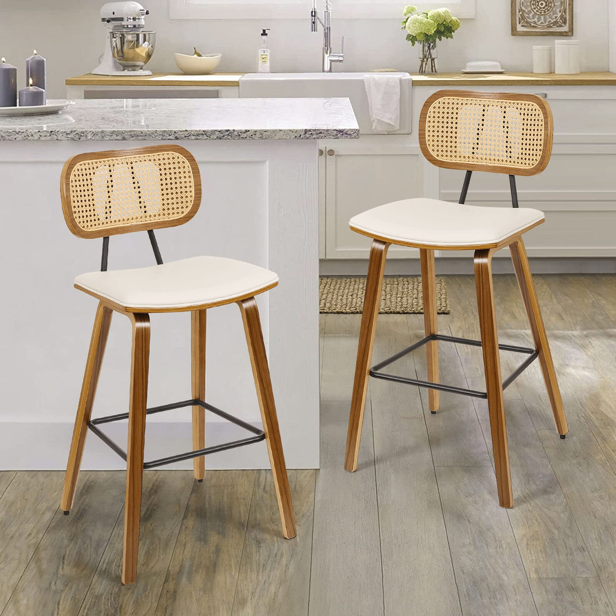 Mid-Century Modern Rattan Bar Stools Set of 4 – 26" Cream White PU Leather Upholstered Counter Height Stools with Walnut Wood Legs Bekrvio
