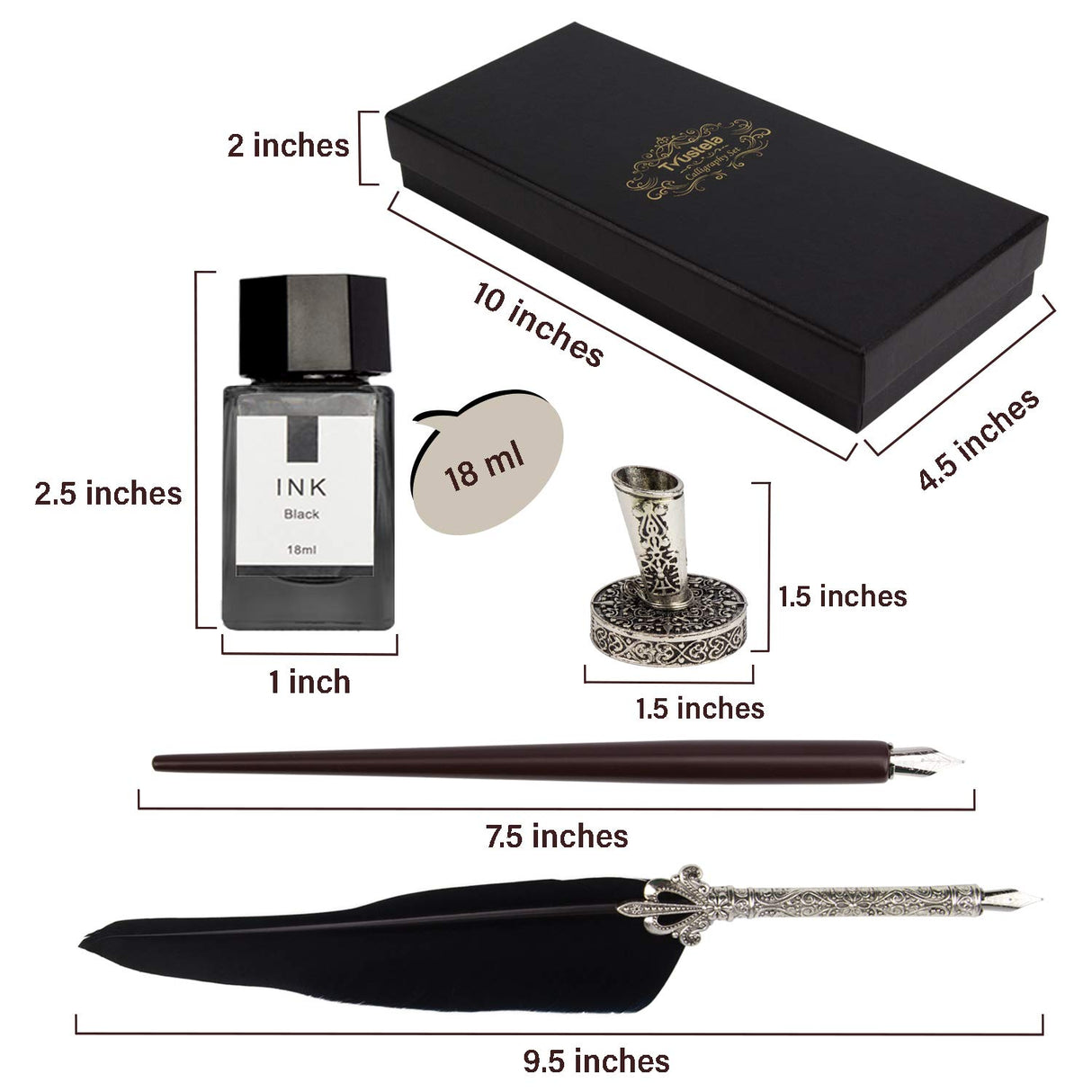 Trustela Calligraphy Set for Beginners, Wooden Dip Pen, Feather Quill, 19 Nibs, Ink Set, Gift Box Trustela