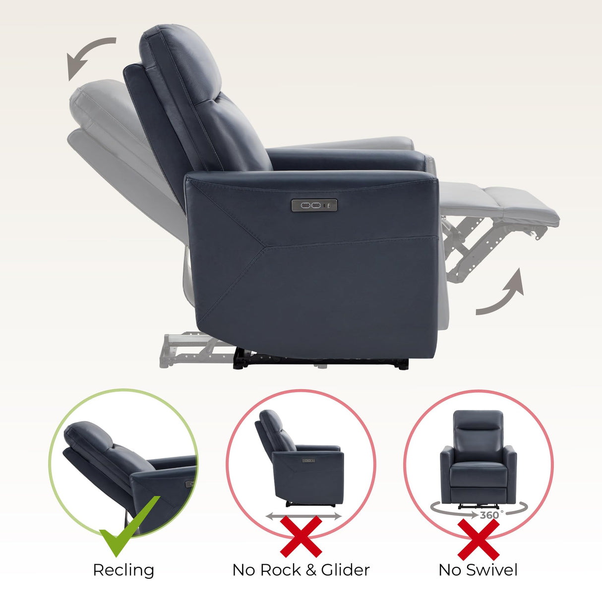 CHITA Genuine Leather Power Recliner Chair for Adults, Electric Wall Hugger Recliner for Small Spaces, Modern Living Room and RV Recliner Chair with Power Headrest & Charging Ports, Dark Blue CHITA