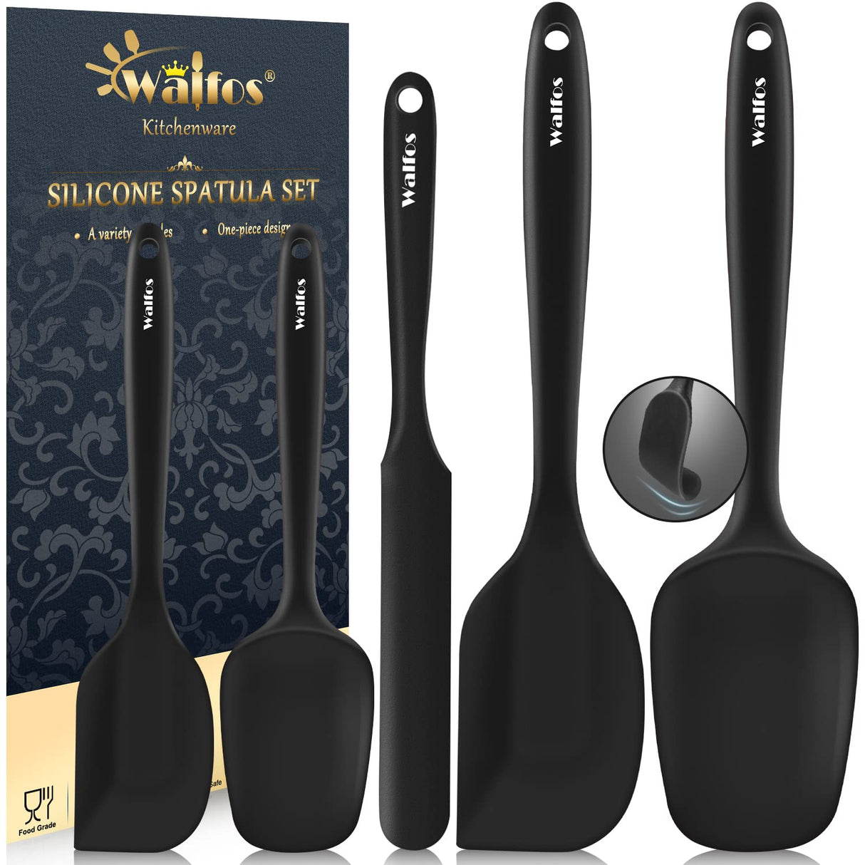 Walfos Silicone Spatula Set of 5 - (600°F) High Heat Resistant Kitchen Scraper Spatulas, One-Pieces Seamless Design, Perfect for Cooking Mixing & Baking - BPA Free and Dishwasher Safe,black Walfos