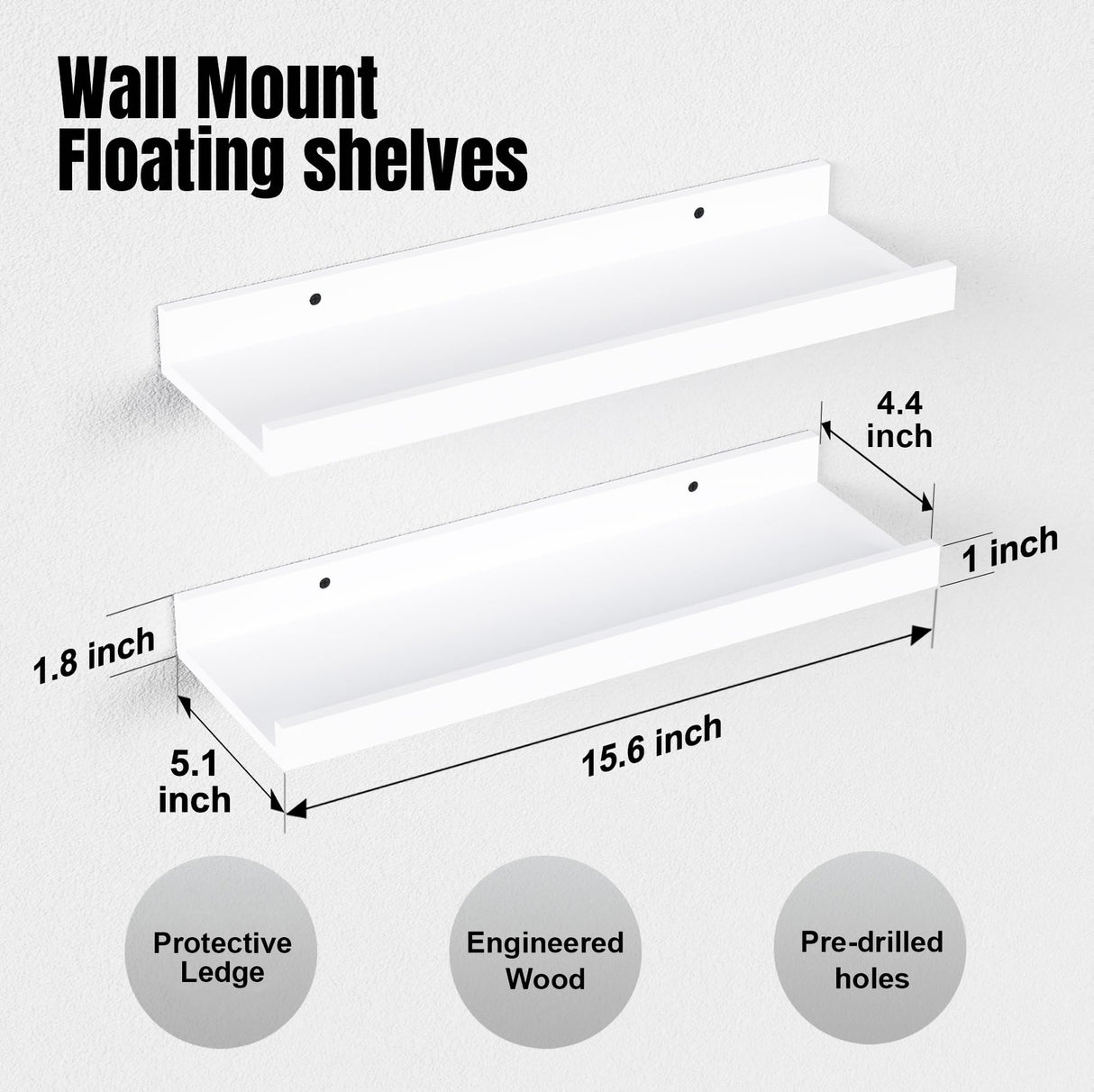 Boswillon Floating Shelves Wall Mounted Set of 2, Modern White Shelves for Bedroom, Nursery Shelves with Lip, Display Picture Ledge Shelf for Wall Decor Living Room Bathroom Kitchen - White Boswillon