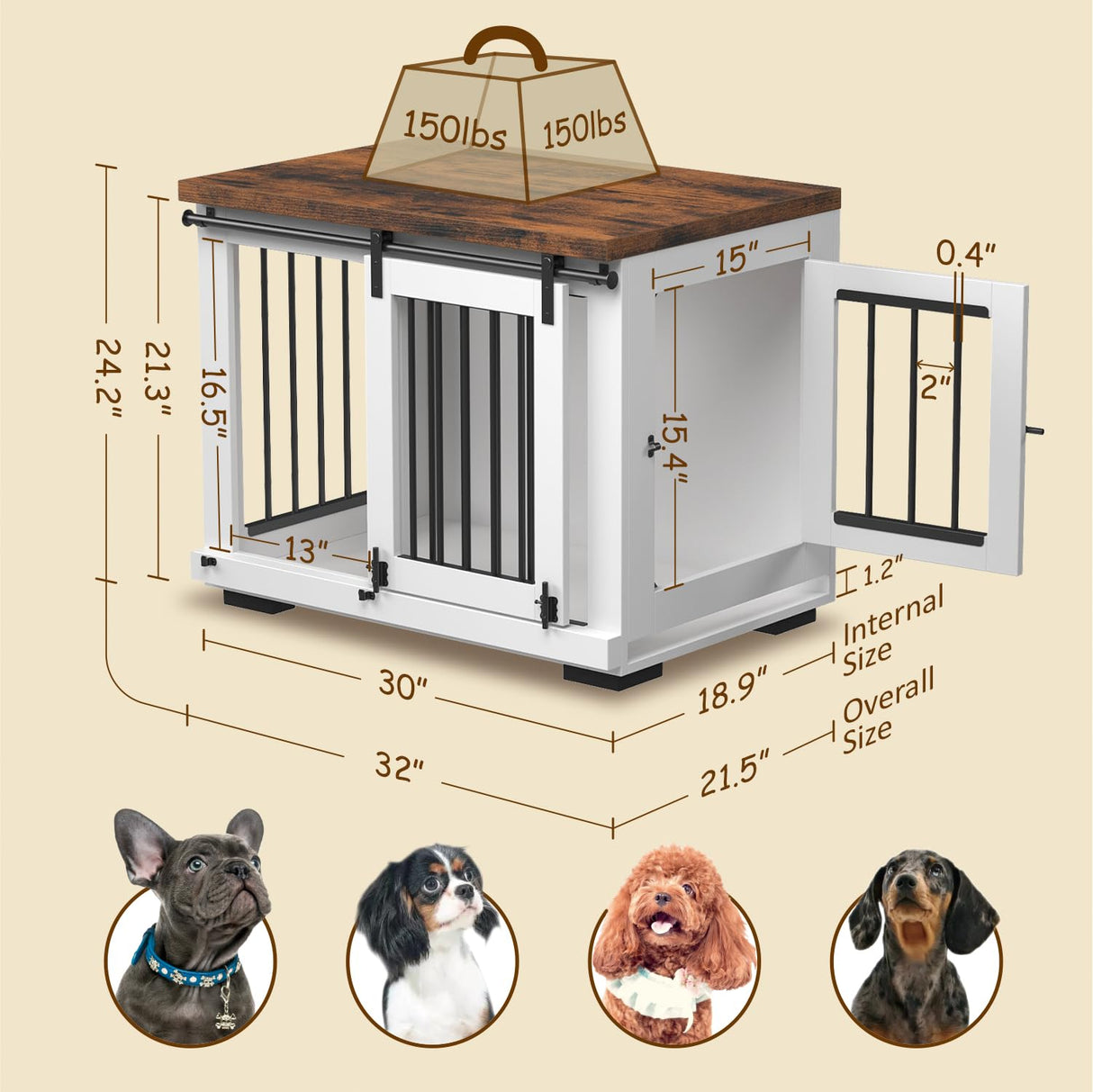 Zakkart Dog Crate Furniture Barn Door for Medium Dogs Up to 40 lbs. - Puppy Kennel w/Thickened Farmhouse Top & Steel Bars - 30'' Wide - White Decorative Modern Dog Crate Table, End Table, Nightstand Zakkart
