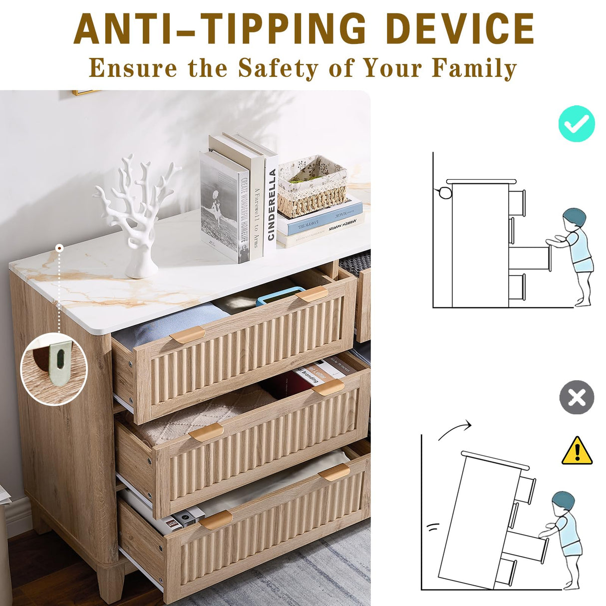 6 Drawers Dresser for Bedroom, 54" Large Storage Dresser, Farmhouse Wood Dressers with Faux Marble Top, Modern Dressers & Chests of Drawers for Living Room Entryway, Fluted Curved Profile, Natural Oak GIAJORYA