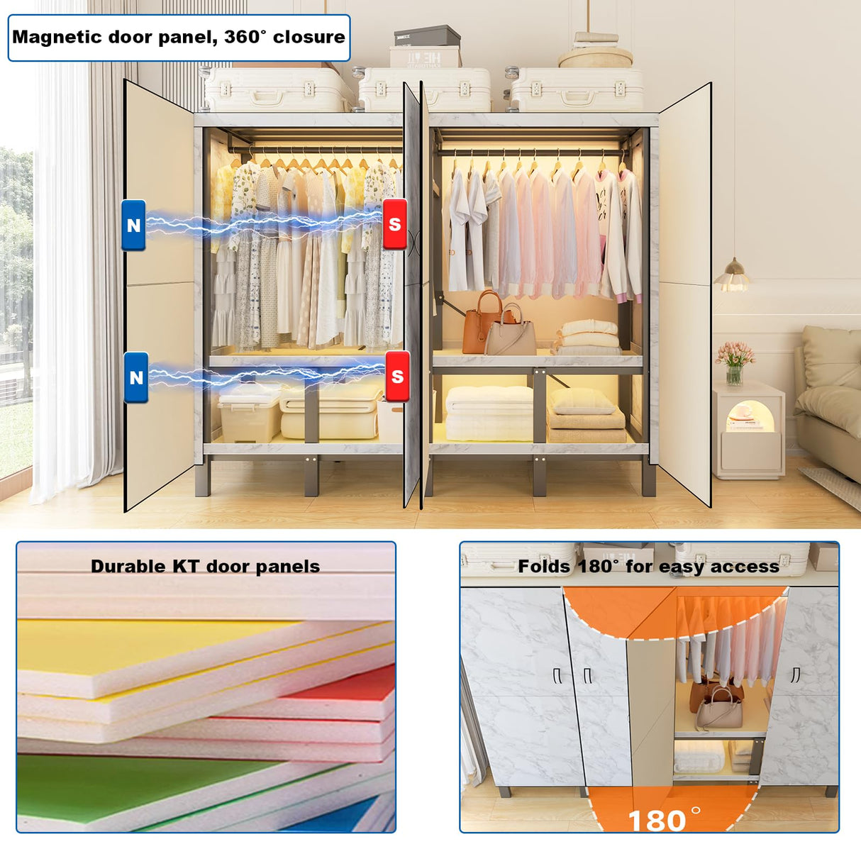 FPIGSHS Heavy Duty Clothes Rack with Magnetic Door 2000LBS Foldable Portable Wardrobe Closet for Hanging Clothing Rolling Garment Rack on Wheels for Bedroom Closet System (C, 71in) FPIGSHS
