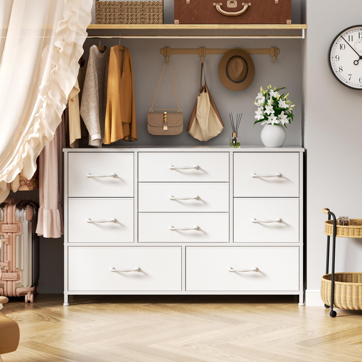 Furnulem White Dresser with 9 Large Drawers for 55'' Long TV Stand Entertainment Center, Wide Wood Shelf Storage for Bedroom,Living Room,Closet,Entryway,Sturdy Metal Frame Furnulem