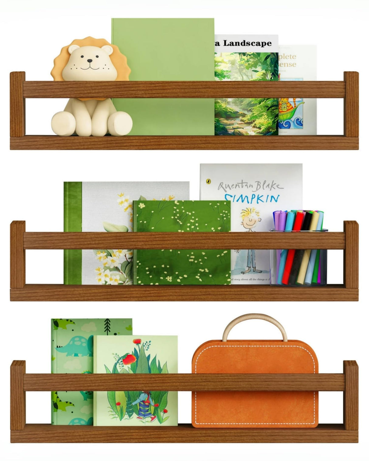 Harwaya Walnut Brown Nursery Book Shelves Wall Mounted, Wooden Floating Bookshelf for Kids Room Bedroom, Dark Wood Nursery Bookshelves for Kitchen Classroom Playroom (Solid Pine, 3-Pack) Harwaya