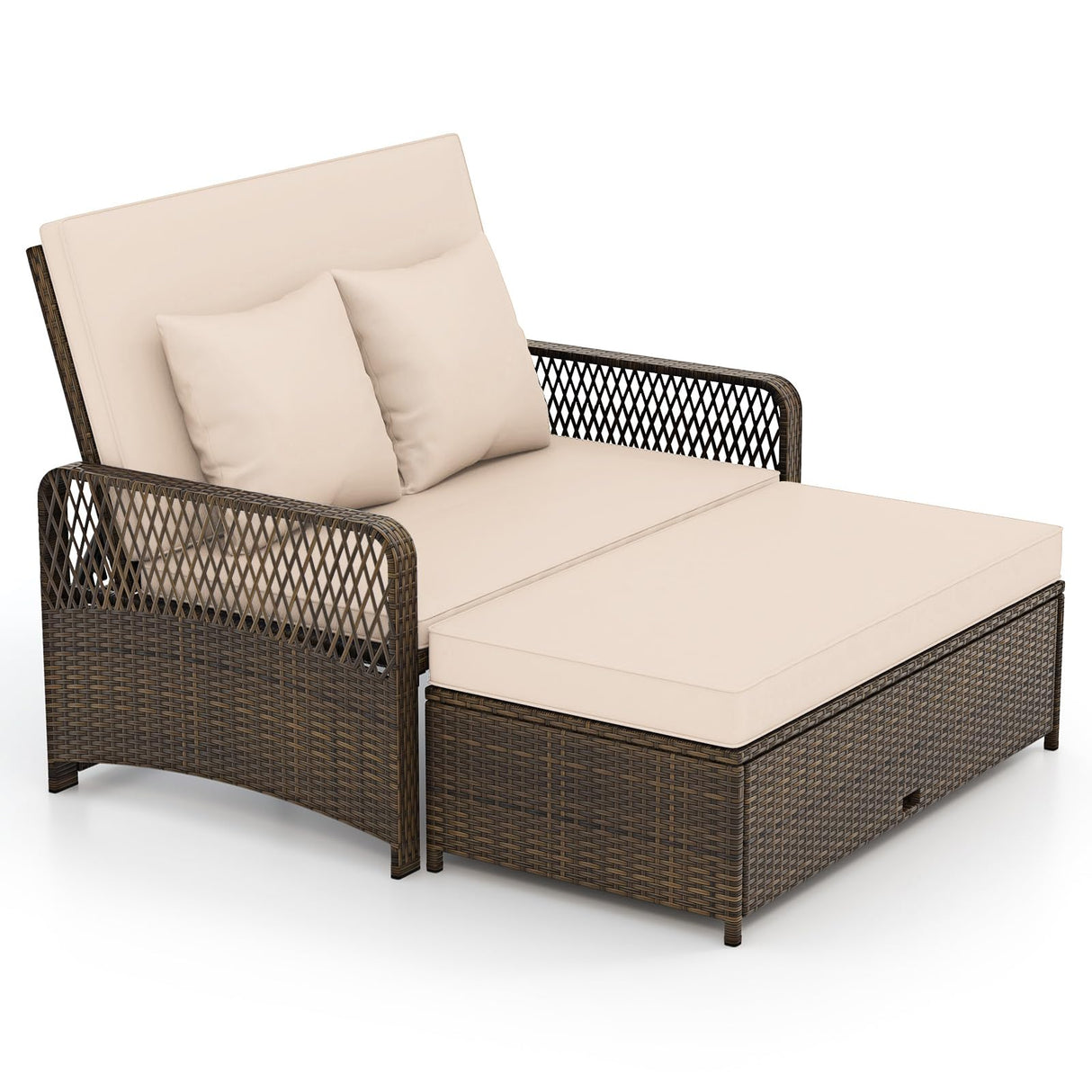 Tangkula Patio Adjustable Wicker Daybed, Rattan Loveseat & Storage Ottoman w/ 4-Level Backrest & Soft Cushions, Space-Saving 2-Person Sun Lounger for Backyard, Porch (Beige) Tangkula