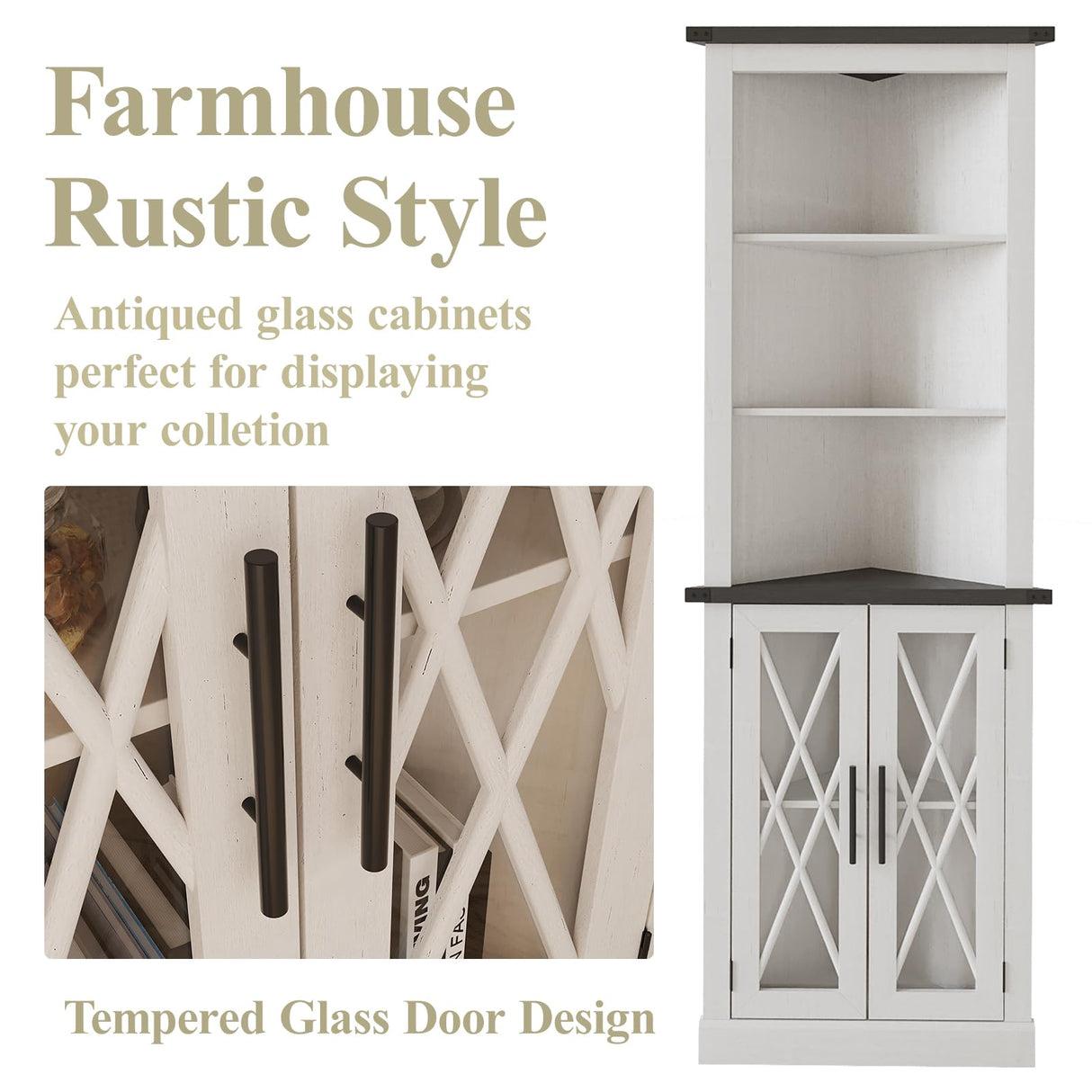 Maupvit 66.8" Tall Corner Cabinet with 2 Glass Doors, Modern Storage Cabinet with Adjustable Shelves, Corner Display Cabinet for Living Room, Bathroom, Hallway, Retro White Maupvit