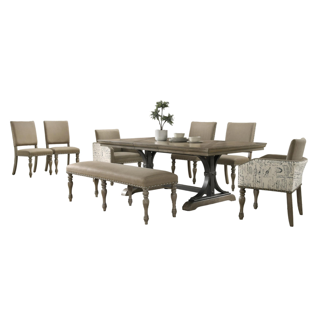 Roundhill Furniture Birmingham 8-Piece Dining Set: Extendable Table with 4 Side Chairs, 2 Armchairs, and a Nailhead Bench, Driftwood Finish Roundhill Furniture