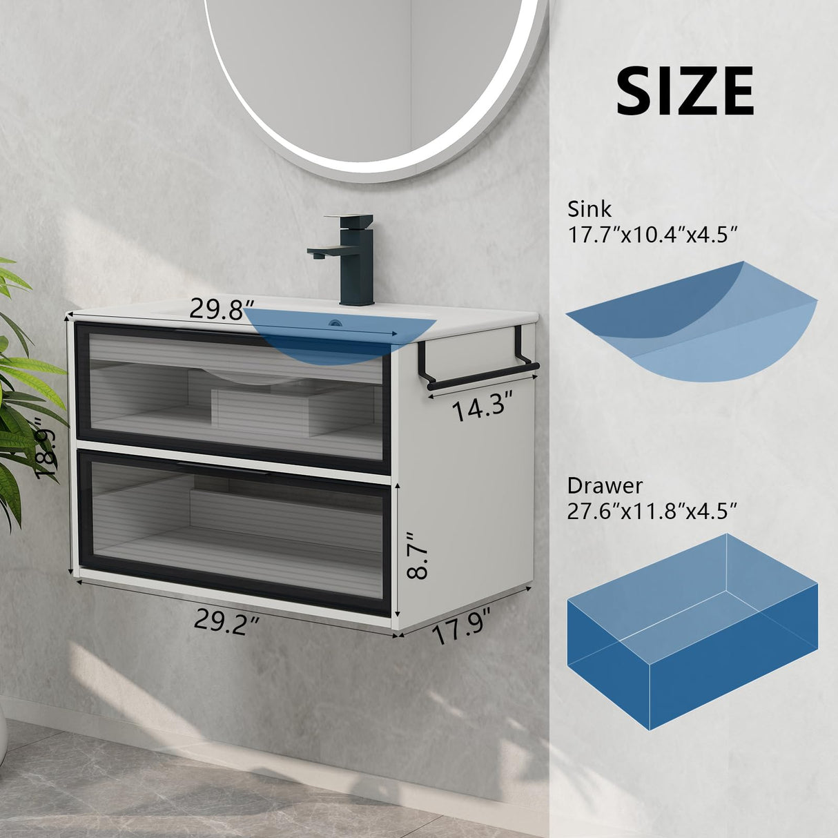 YOURLITE 30” Floating Bathroom Vanity with Sink Combo, Modern Wall Mounted Cabient with 2 Glass Doors Drawers Storage, Undermount Bathroom Ceramic Sink & Soft Closing Doors & Black Faucet YOURLITE