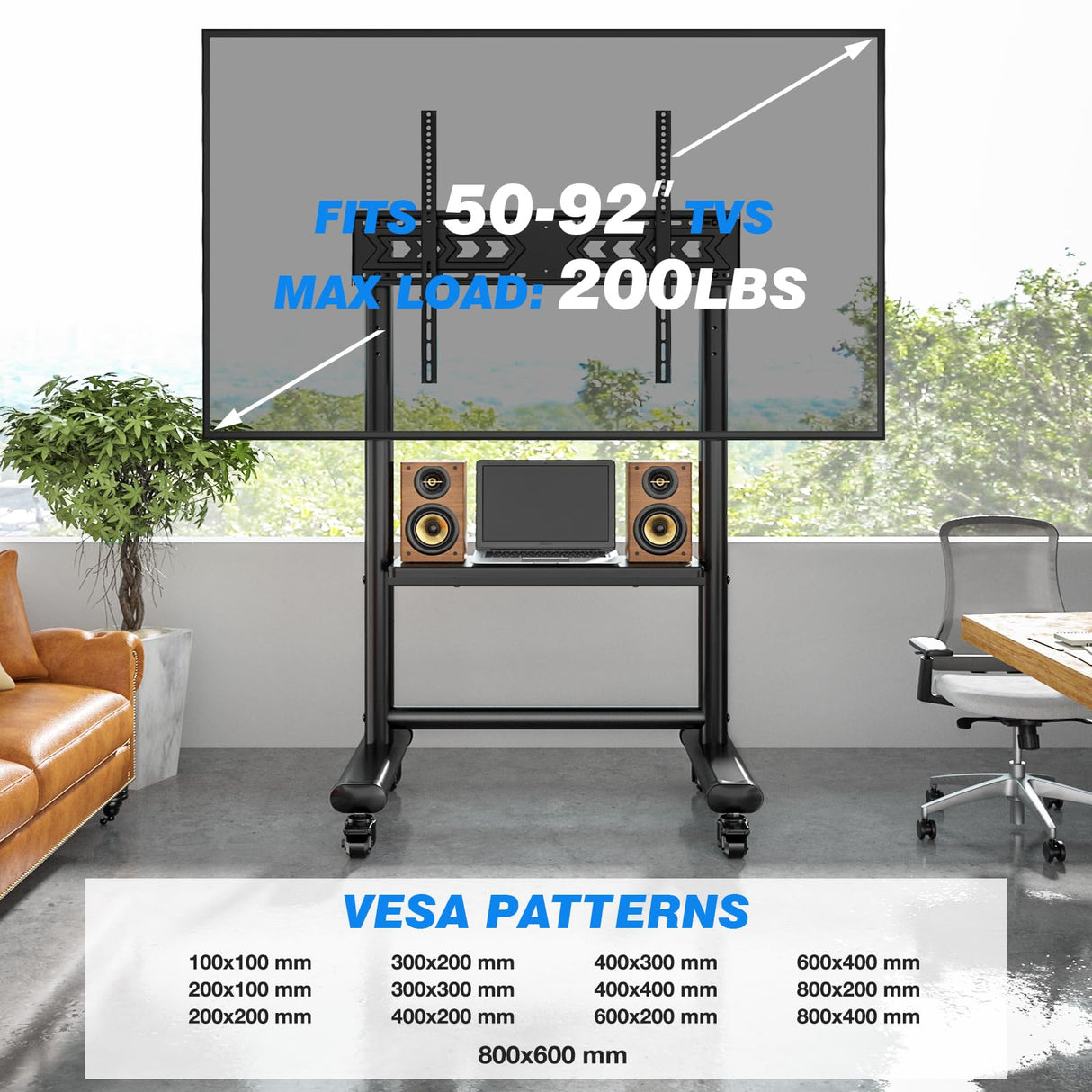 Rfiver Heavy Duty Mobile TV Stand for 50-92 Inch Large TVs up to 200lbs, Height Adjustable Rolling TV Stand with Silent Wheel, Upgraded Floor TV Stand with AV Shelf for Living Room, Office, Trade Show Rfiver