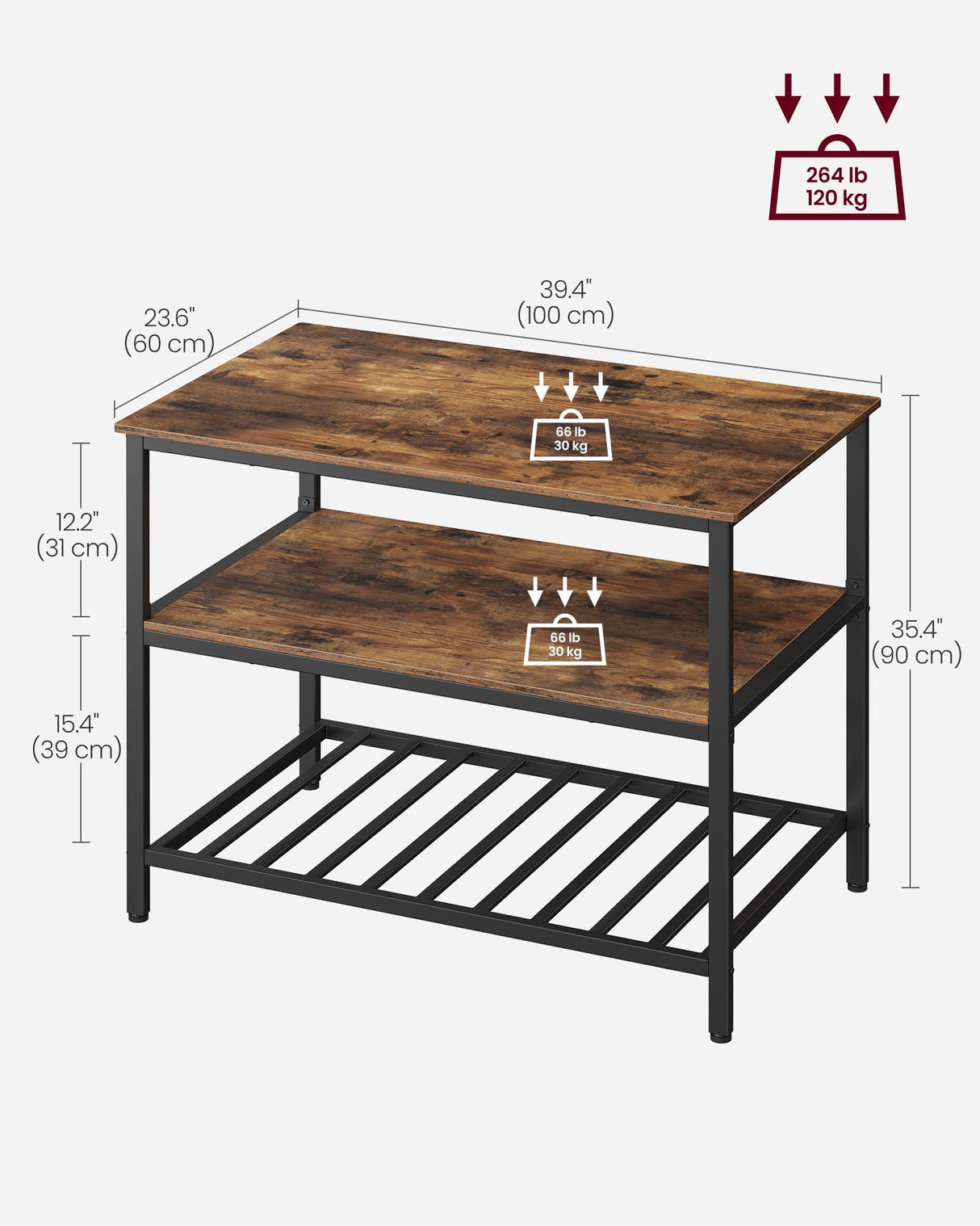 VASAGLE Kitchen Island with 3 Shelves, 39.4 Inches Width Kitchen Shelf with Large Worktop, Stable Steel Structure, Industrial, Easy to Assemble, Rustic Brown and Black UKKI005B01 VASAGLE