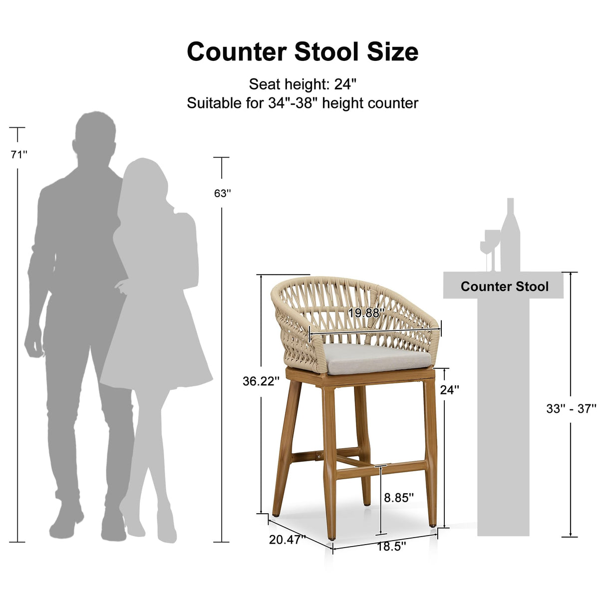 PURPLE LEAF Outdoor Rattan 24" Counter Height Bar Stools Chair Set of 2, Modern Upholstered Patio Bar Stool with Backrest for Indoor and Outdoor, Kitchen Island, Teak PURPLE LEAF