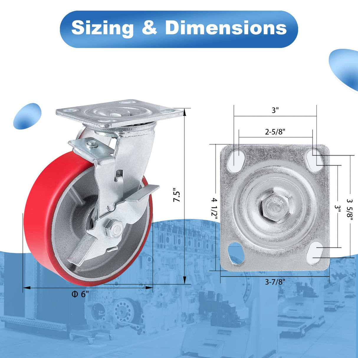 Nefish 6 Inch Industrial Casters Set of 4 Heavy Duty No Noise Polyurethane Wheel on Steel Hub, Workbench Casters with Brakes 4800 Lbs, Plate Swivel Casters for Toolbox Workbench (4 Swivel & Brakes) Nefish