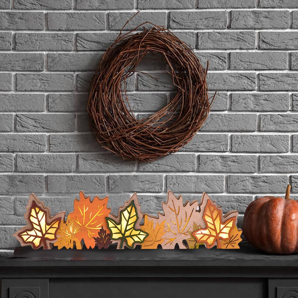 GHOSTMAGIC Lighted Fall Maple Leaves Signs Table Centerpieces Thanksgiving Wooden Block Sign Decorations 3D Wood Autumn Harvest Farmhouse Decor with Led Lights for Home Desk Office Party (Fall Leaves) GHOSTMAGIC