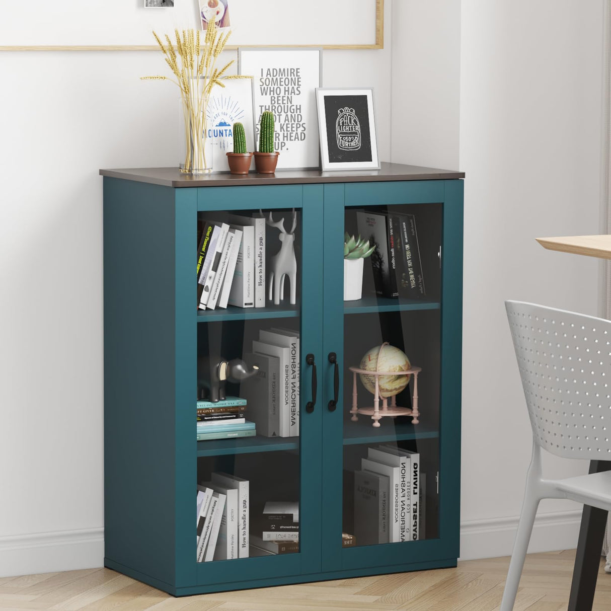 Vrullu Storage Cabinet, Green Free Standing Buffet Cabinet, Accent Kitchen Cabinet with Tempered Glass Doors, Wood Display Cabinet with Adjustable Shelf, Curio Cabinet for Living Room, Hallway Vrullu