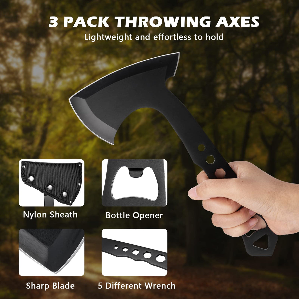 BANORES Hawkeye Throwing Axes and Tomahawks Set with 10 inch Full Tang Stainless Steel, Nylon Sheath 3 Pack BANORES