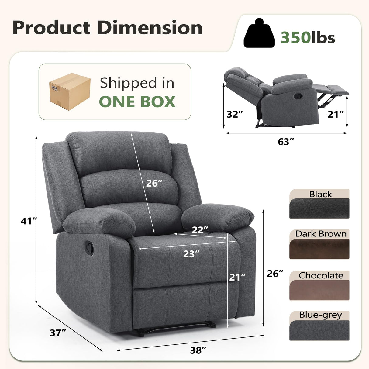 ANJ Fabric Recliner Chair Set of 2, with Overstuffed Arm and Back, Comfy Gray Manual Reclining Chairs for Adults, Living Room Single Sofa Recliners ANJ